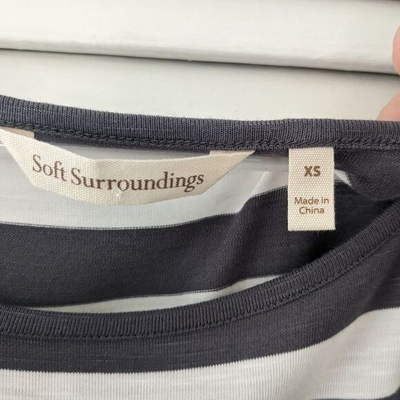 Soft Surroundings Top Womens XS Adrift Striped 1/2 Sleeve Grey/White Blouse Tie - Picture 4 of 7